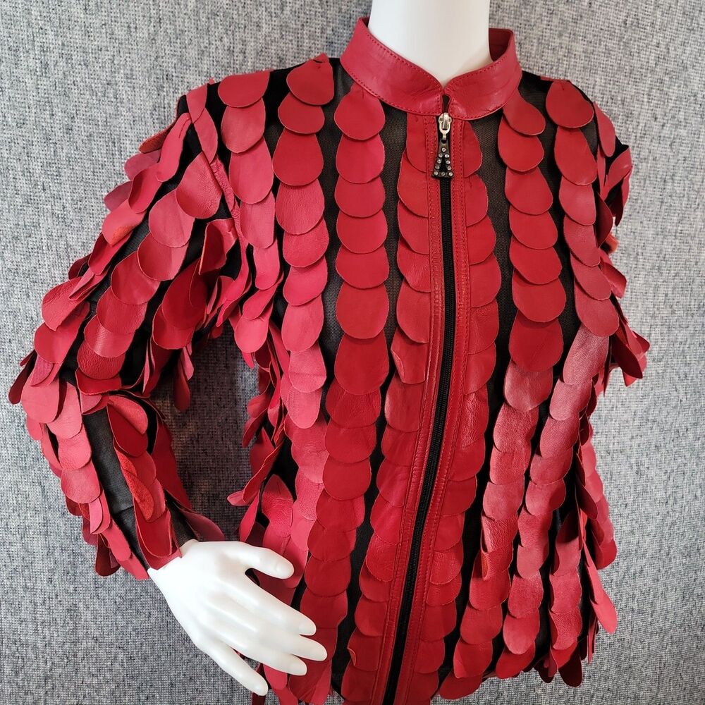 Avant Garde 3D Red Leather Leaf Mesh Jacket Womens Medium Whimsigoth Festival